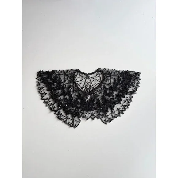 Vintage Black Beaded Sequin Embroidered Tulle Collar - Picture 5 of 14